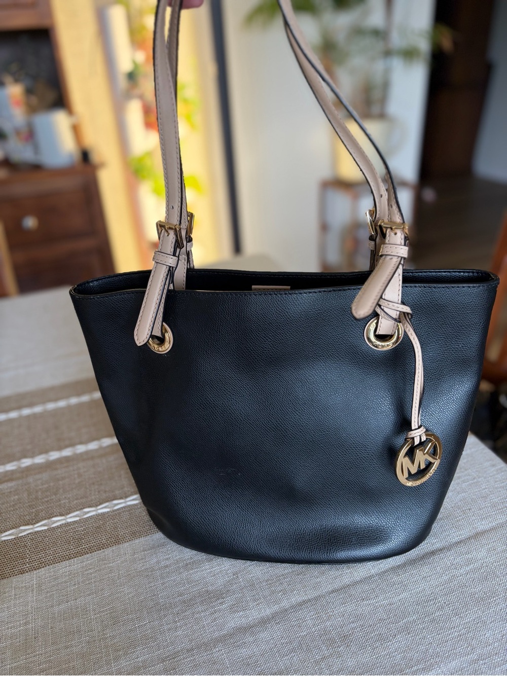 Michael Kors Black Tote with Beige Straps